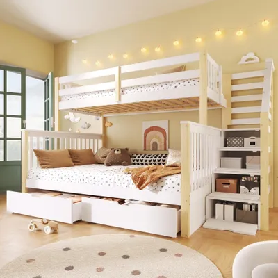 Produktbild von Multifunktionales Hochbett aus Holz, platzsparend mit Schubladen und Stauraum, ideal für Kinderzimmer, 90 x 200 & 140 x 200, Weiß+Natur
