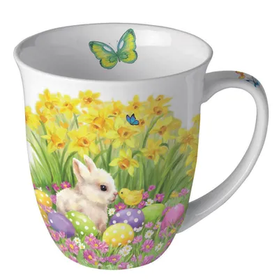 Produktbild von Tasse aus Porzellan Easter friends  - Hase und Küken an Narzissen 0,4L, Höhe 10,5cm Ambiente Tasse Kaffeetasse Teetasse Ostern