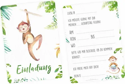 Produktbild von 10 Einladungskarten Affe Dschungel grün inkl. 10 Briefumschlägen
