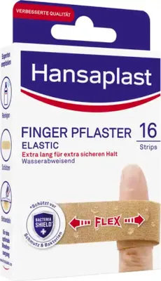 A product box for Hansaplast finger plasters, showing a close-up of a finger with a plaster applied.