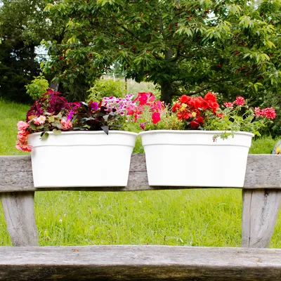 Produktbild von Geländer Blumenkasten Flowerclip XL 2er Set - Pflanzkasten 57cm Anthrazit Kunststoff - Wetterfest & Pflegeleicht, Farbe:Weiß