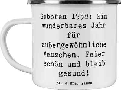 Produktbild von Mr. & Mrs. Panda Pott Spruch 1958 Geburtstag - Weiß - Geschenk, Jubiläum, Geburtsjahr, Erinnerungen, Blechtasse, Happy Birthday, Motivtasse, Glückwunsch, Emaille Becher