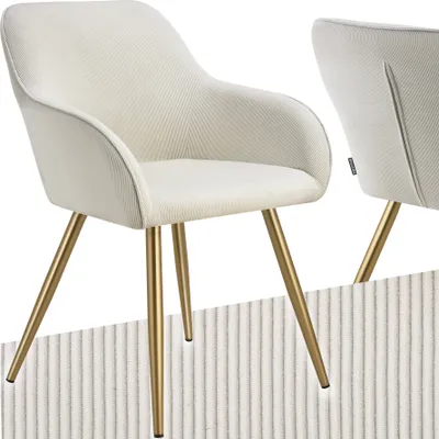 A cream-colored armchair with gold legs is shown against a white background, with a textured panel at the bottom.