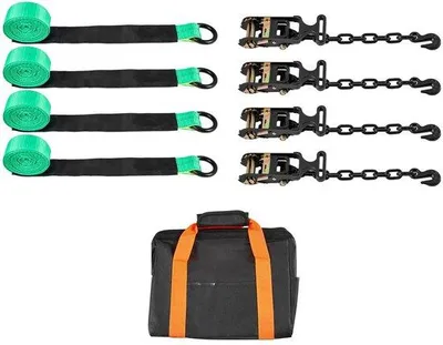 Obrázek produktu pro Sada upínacích popruhů na kola – popruh na motocyklové pneumatiky – 5 cm x 3 m – háky pro těžká břemena a O-kroužky – mez pevnosti 4540 kg – nosnost 1512 kg