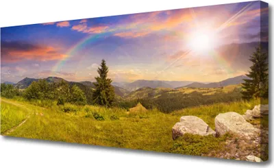 Produktbild von Tulup Leinwand-Bilder 125x50 Wandbild Canvas Kunstdruck Sonne Gebirge Wiese Natur