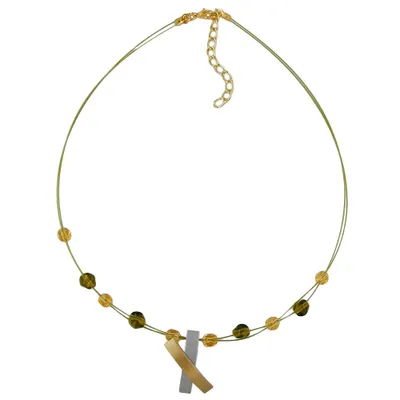 Produktbild von Kette Drahtkette Glasperlen olivfarben Metallanhänger X-Kreuz bicolor 42cm oliv 27x14mm