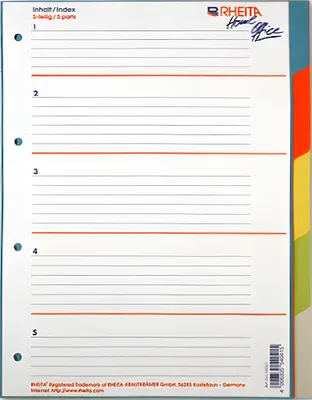 Produktbild von Rheita Papierregister 5 teilig, A4, 5-farbig, 180 g/m²