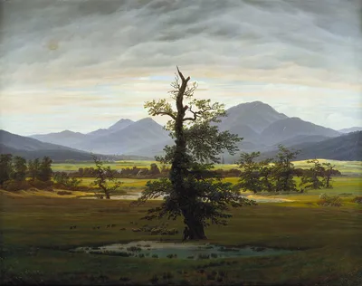 Produktbild von Legendarte - Kunstdruck auf Leinwand - Dorflandschaft bei Morgenbeleuchtung (Einsamer Baum) Caspar David Friedrich - Wanddeko, Canvas cm. 80x100