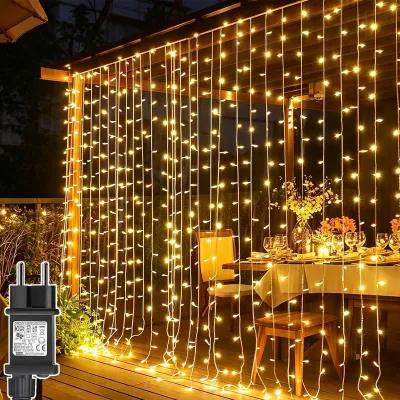 Lichtgordijn 3x3 m, 300 LEDs, warmweiß, IP65, Timer, 8 Modi