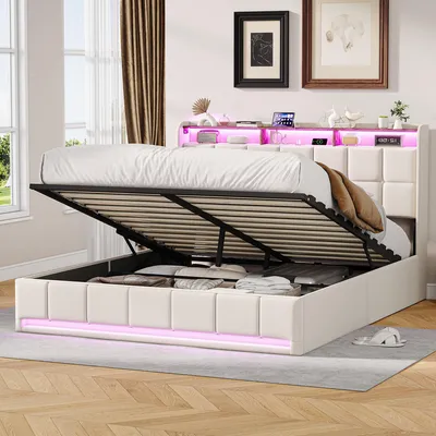 Immagine prodotto di Letto imbottito Moonbite, 140x200 cm, color beige, rivestito in lino – con vani a giorno nella testiera, contenitore con sistema idraulico e illuminazione LED integrata