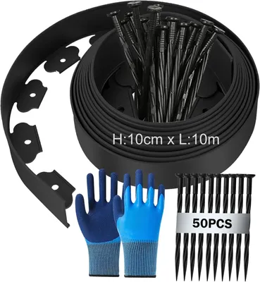 Productafbeelding van Graskant 10 m x 10 cm, kunststof, weerbestendig, voor tuin, inclusief 50 pennen en handschoenen