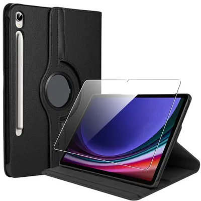 Image de Coque + Verre Trempé pour Samsung Galaxy Tab S9 (11 Pouces) Etui Rotatif 360° Multi-Angle Noir