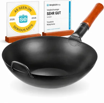 Kohlenstoffstahl-Wok 34 cm, flacher Boden, schwarz