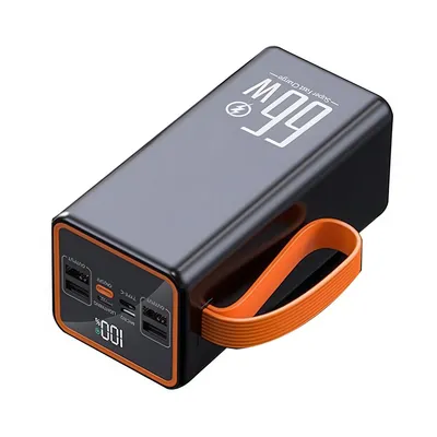 A black and orange power bank with a digital display and ports is shown against a white background.