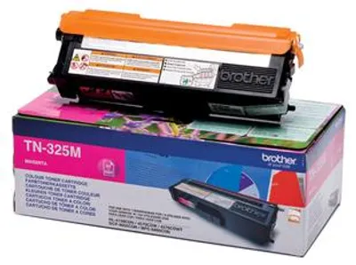 A Brother TN-325M magenta toner cartridge is shown on top of its packaging.