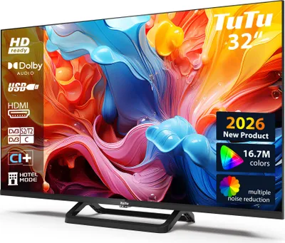 A 32-inch TuTu TV with a colorful abstract image displayed on the screen, shown from a diagonal angle on its stand.