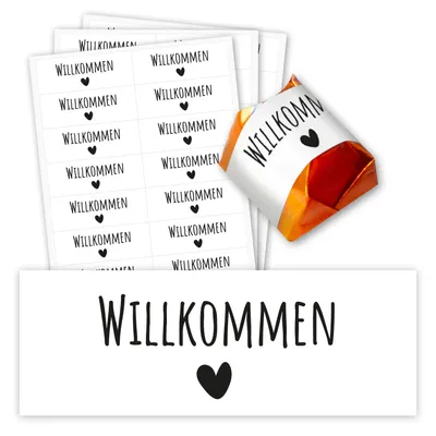 Produktbild von younikat 60er Aufkleber-Set Willkommen I Gastgeschenk passend für Küsschen Pralinen I Herz I selbstklebend I Rechteckig I Geburtstag Hochzeit Taufe I dv1427