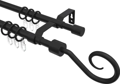 A double curtain rod with decorative finials and rings, shown against a white background.