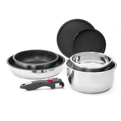 Image de ROSSETTO Batterie de cuisine 7 pièces induction inox poele Set de casseroles avec poignées amovibles, poêle antiadhésive sans PFAS, résistante au four