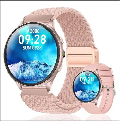 Produktbild von Smartwatch 1,46 Zoll HD Touchscreen mit Bluetooth-Anrufen, Taschenlampe, AI Sprachassistent, Herzfrequenz- & Schlafmonitor, 2 Armbänder, Rosa