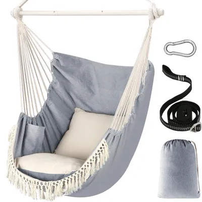 Image de Fauteuil suspendu - Gris, en coton, avec 2 coussins - Capacité maximale : 227 kg