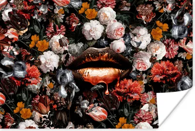 Produktbild von MuchoWow® Poster Lippen - Blumen - Farbe - Orange - Kunst - Abstrakt - Alte Meister 120x80 cm - Bilder