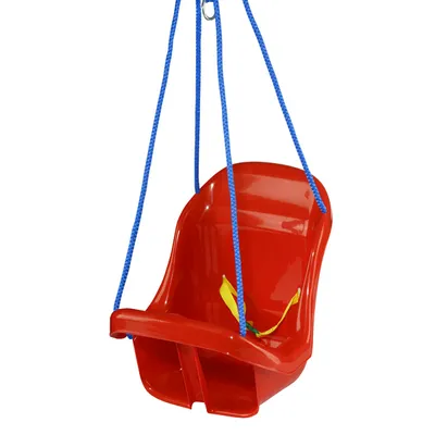 A red baby swing with blue ropes is shown against a white background.