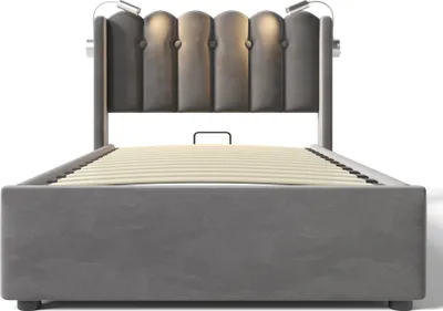 Produktbild von Flieks Polsterbett 90x200cm mit Lattenrost, Hydraulisches Boxspringbett mit USB und Leselichte, Stauraumbett Einzelbett, Samt, Grau
