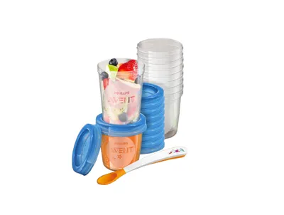 A set of baby food storage containers and a spoon.