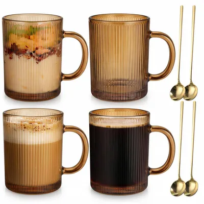 Zdjęcie produktu dla Zestaw 4 filiżanek do cappuccino, pojemność 350 ml, z łyżeczkami, z żłobieniami, wykonane ze szkła borosilikatowego, kolor złoty