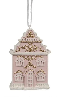 Produktbild von Clayre & Eef Weihnachtsanhänger Lebkuchenhaus 6x4x9 cm Rosa Polyresin