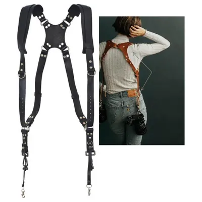 Immagine prodotto di Cinghia doppia per fotocamera, in pelle – Antiscivolo, con chiusura rapida, ganci in metallo, regolabile, per fotocamere DSLR/DSLM – Colore nero