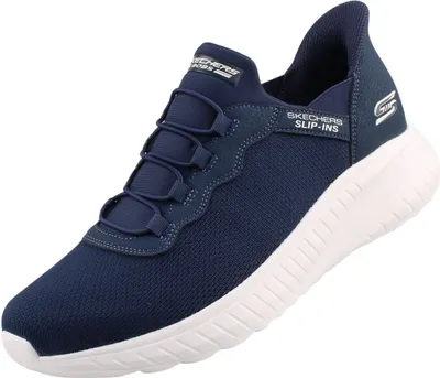 A single navy blue Skechers Slip-ins shoe is shown against a white background.