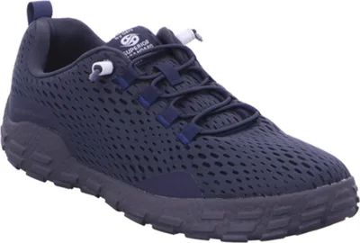 A single navy blue shoe is shown from a side angle against a white background.