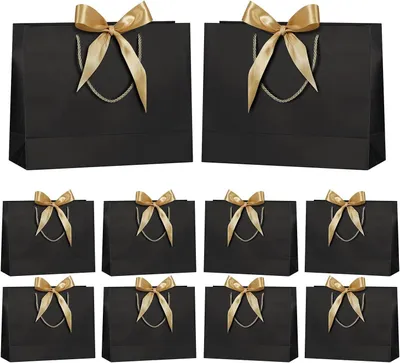 Image de TRANKIELO® - 10 grands sacs cadeaux avec ruban doré – 32x25x11 cm – Sacs cadeaux en papier pour mariages, anniversaires et fêtes