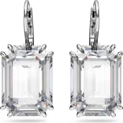 A pair of clear, emerald-cut crystal earrings with silver-tone settings, presented against a white background.
