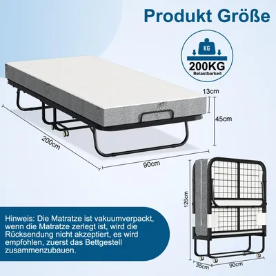 Immagine prodotto di Letto pieghevole Ikodm, 90x200 cm, con materasso confortevole da 13 cm, capacità fino a 200 kg, dotato di rotelle e coprimaterasso