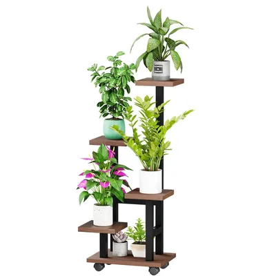 Produktbild von Mulisoft 5-Tier Hölzern Blumenregal Pflanzenregal, Mehrstöckig Blumenständer Pflanzenständer, Blumenbank Blumentreppe Pflanzentreppe,  Standregal für Innen Garten Balkon Deko mit Rollen, Braun