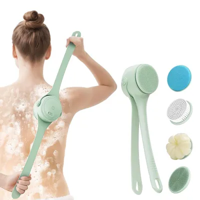 Produktbild von Badebürste,3-Gang Elektrische Rückenbürste, IPX7 wasserdicht, 1200 mAh, 360° Rotation, mit 4 Bürstenköpfen,zum Duschen, Hautreinigung/Peeling/Massage