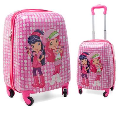 Two pink suitcases with a polka dot pattern and cartoon characters on them, displayed on a white background.
