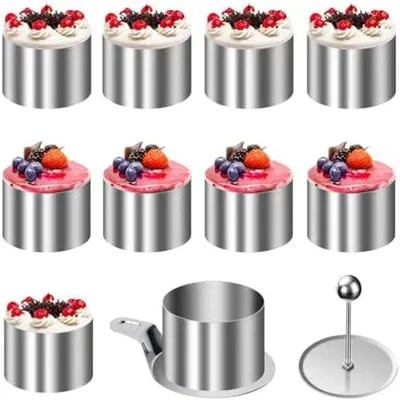 Produktbild von PolkaHome® Dessertring-Set – 10 Stück Edelstahl Mousseringe mit Heber und Stampfer, Ø 8 cm, Höhe 5 cm