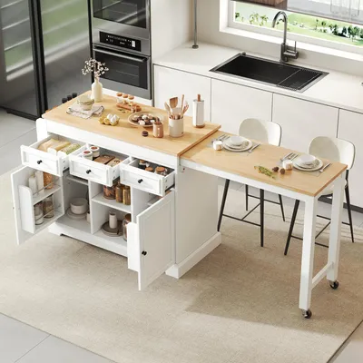 Immagine prodotto di Isola da cucina MODFU, 112-188 cm, carrello da cucina con piano di lavoro estendibile, carrello servitore per la cucina con piano di lavoro e spazio contenitivo, 3 cassetti, ripiano per spezie e ripiani regolabili, colore bianco