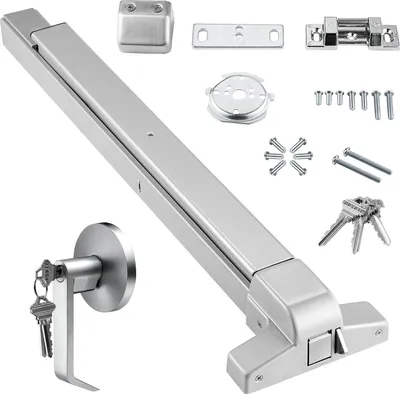 A set of door lock hardware components laid out on a white background.