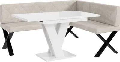 Produktbild von MEBLINI Eckbank für Esszimmer mit ausziehbarem Tisch  - Küchenbank - Essecke - Sitzecke Küche - ERIC - X-Beine 128x168x87cm Rechts - Beige Samt/M Weiß Hochgl.