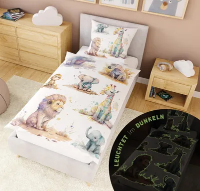 Produktbild von Glow in the Dark Bettwäsche leuchtet Kinderbettwäsche 135x200 + 10 SPIELE Tier Bettwäsche Tiermotiv