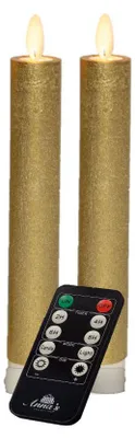 Productafbeelding van Dinerkaars wax led bewegende vlam op batterij met afstandsbediening 2 stuks h18 cm goud Anna's Collection