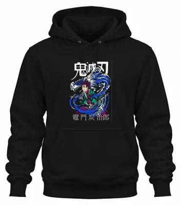 Obrázok produktu pre Demon Slayer Tanjiro Kamado Water Dragon Anime Gift Japan Y2K Streetwear Uni mikina s kapucňou, čierna, M