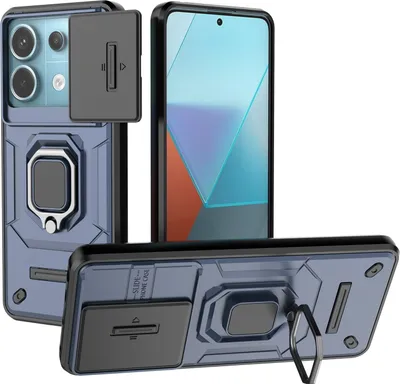 Immagine prodotto di Custodia per Xiaomi Redmi Note 13 Pro 5G a doppio strato con protezione scorrevole della fotocamera e supporto ad anello, supporto blu