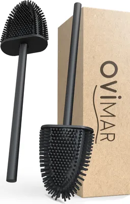 Produktbild von ovimar Ersatzbürste Abeloya | Set 2 Stiele und 2 Bürstenköpfe | schwarz | Griff aus Edelstahl | Klobürste mit Silikon Bürstenkopf | Toilettenbürste flache WC Bürste