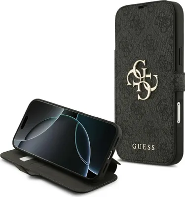 A black GUESS book case for an iPhone is shown with the phone inside, displayed on a white background.
